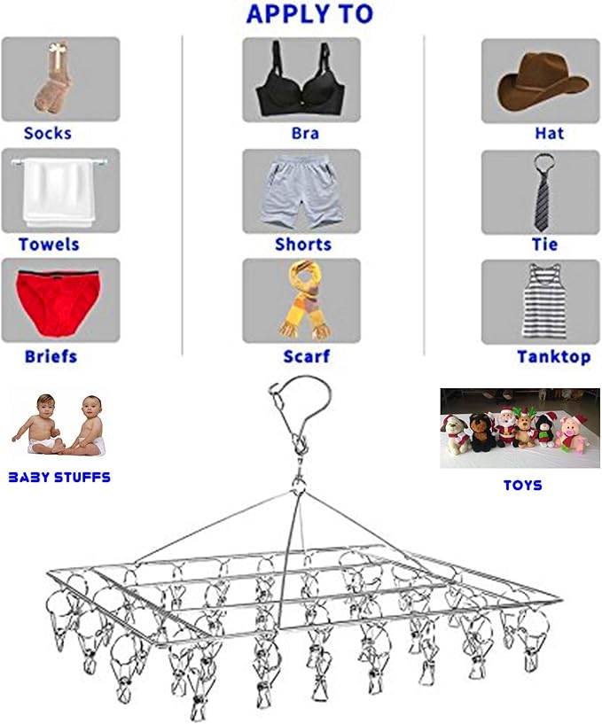 KK5 Stainless Steel Clothes Drying Racks Laundry Drip Hanger Laundry Clothesline Hanging Rack Metal Clothespins Rectangle for Drying Clothes, Towels, Underwear, Lingerie, Socks - 52Clips