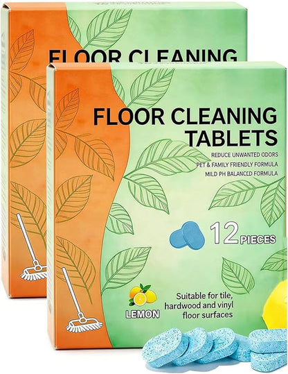 Floor Cleaning Tablets, 12pcs Pre-Measured Dissolvable Mopping Tablets with Fresh Lemon Scent, Multi-Surface Hard Floor Cleaner (2pcs)