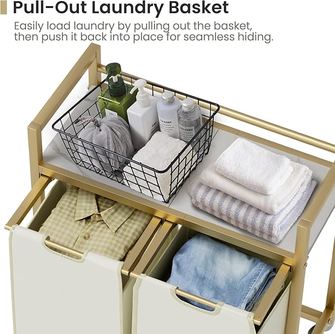 Laundry Hamper, Laundry Basket, Laundry Sorter with 3 Removable Bags, Clothes Basket with 3 Compartments, Wheels, Shelf for Laundry Room Bathroom Bedroom (2 Bags-Golden)