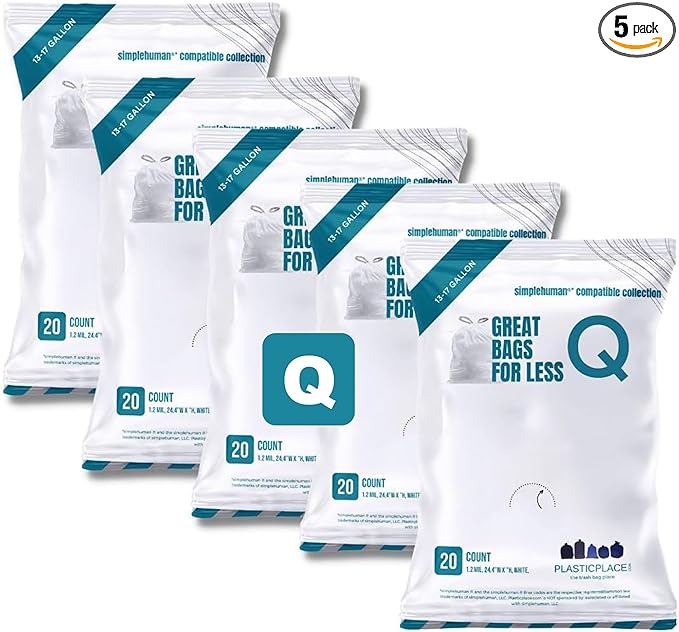 Plasticplace Trash Bags, Compatible with simplehuman Code Q Packs, White Drawstring Garbage Liners,13-17 Gallon, 25" x 32.5" (20 Count/5 Pack)