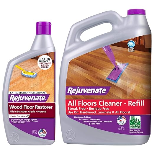 Rejuvenate Professional Wood Floor Restorer and Polish with Durable Finish Application Satin Finish 32oz & All Fllors Cleaner 128oz