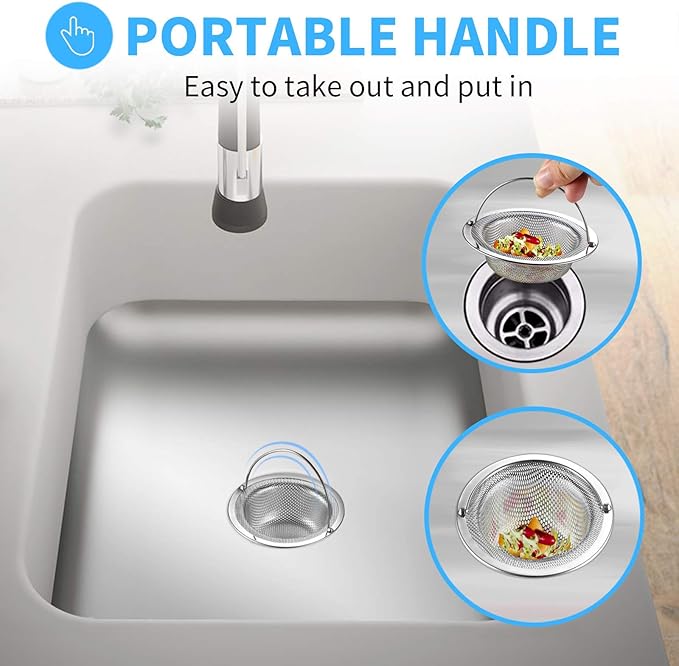2 Pack Upgrade Kitchen Sink Strainer (Sink Drain Strainer) - 304 Stainless Steel Rust Free, Fordable Handle, 4.5 Inch Diameter