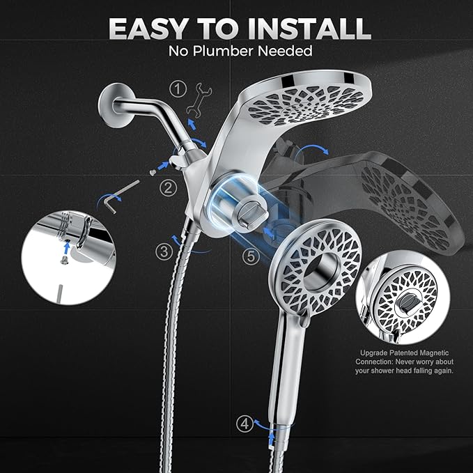 High Pressure Rain Shower Head with Handheld Spray Combo: Detachable Dual Shower Head with 10 Sprays Modes - Upgrade Knob Spray Mode Selector and Magnetic Guidance Docking System