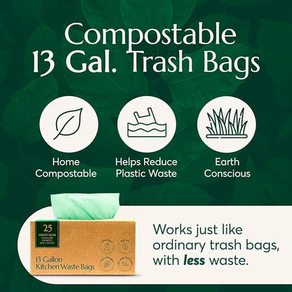 Cleanomic Compostable* 13 Gallon Trash Bags with Drawstring (3 Pack, 75 Count), BPI Certified For Kitchen Compost