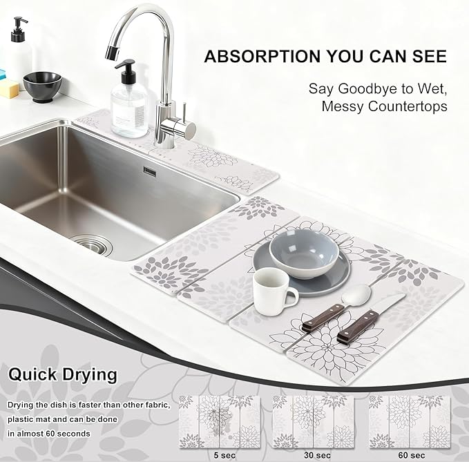 Stone Drying Mat for Kitchen Counter 3-Pack, Soft Diatomaceous Earth Absorbent Mat Set, Quick Dry Stone Faucet Splash Guard & Small Drying Pad, Foldable Diatomite Stone for Pet, Plant & Bath