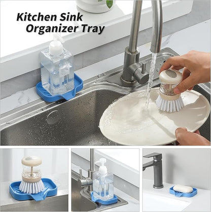 MicoYang Silicone Bathroom Soap Dishes with Drain Spout-Bathroom and Kitchen Sink Organizer,Sponge Holder,Dish Soap Tray,Perfect for Dispenser,Scrubber,Bottle,Cup on Counter Lichen Blue 4.9"×3.2"