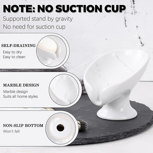 Soap Dish Set, Self Draining Bar Soap Holder for Bathroom Sink, Leaf Shaped Drainage Soap Dish Ceramic Marble Porcelain Decorative Soap Dishes 2PCS, No Suction Cup, ANTIS'S HOME