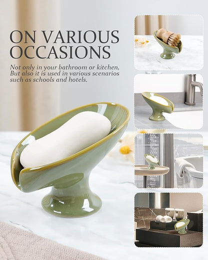 Soap Dish, Self Draining Bar Soap Holder for Bathroom Sink, Leaf Shaped Drainage Ceramic Olive Green Porcelain Decorative Soap Dish, No Suction Cup, ANTIS'S HOME