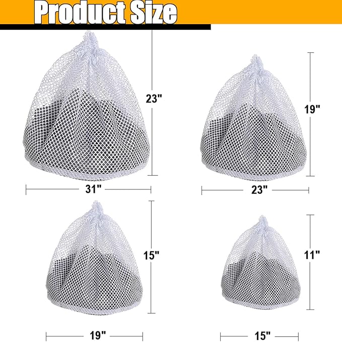 4 pcs Commercial Mesh Laundry Bag - Sturdy Mesh Material with Drawstring Closure. Ideal Machine Washable Laundry Bag for Factories, College, Dorm and Apartment Dwellers(4Set-M,L,XL,XXL)
