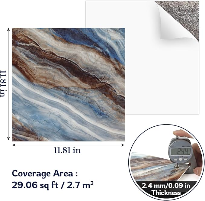 Marble Peel and Stick Backsplash Tile, 11.8" x 11.8" Self-Adhesive Waterproof Wall Panels for Kitchen, Bathroom, Living Room, 30-Pack (Not Real Tile)