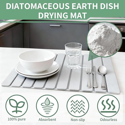 Large Stone Dish Drying Mat for Kitchen Counter, Collapsible 24"X16" Super Absorbent Diatomaceous Earth Dish Drying Mat Kitchen Drying Mat for Dishes, Bottles, Match Any Countertop
