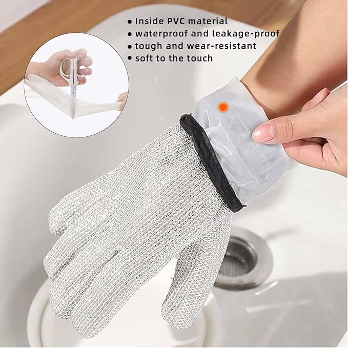 Wire Dishwashing Gloves，Multipurpose Non-Scratch Scrubbing Waterproof Anti-Hot & Oil-Resistance Kitchen Cleaning Gloves