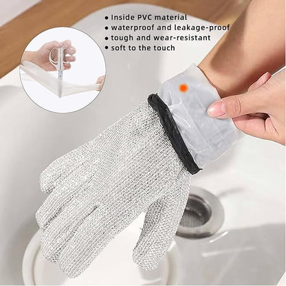 Wire Dishwashing Gloves，Multipurpose Non-Scratch Scrubbing Waterproof Anti-Hot & Oil-Resistance Kitchen Cleaning Gloves