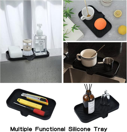 MicoYang Silicone Bathroom Soap Dishes with Drain Spout-Bathroom and Kitchen Sink Organizer,Sponge Holder,Dish Soap Tray,Perfect for Dispenser,Scrubber,Bottle,Cup on Sink or Counter-Black 9.6"×5.3"