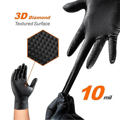10mil Nitrile-Gloves Disposable-Black Chemical-Resistant Rubber - Mechanic Gloves Heavy Duty, Latex Free, Diamond Grip (200, Medium)