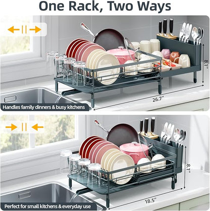 Urackify Large Dish Drying Rack, Expandable Dish Racks for Kitchen Counter, Multifunctional Dish Drainer with Utensil Holder & Cup Holder, 18.5"-26.7" L x 12.7" W, Dark Slate Gray