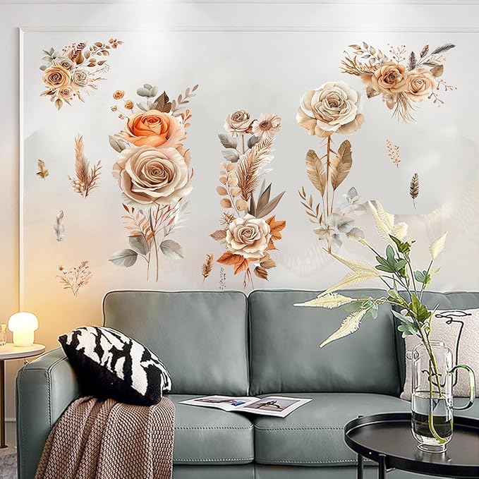 Boho Flower Wall Stickers Wildflower Floral Grass Peel and Stick Wall Stickers Living Room Bedroom Nursery Wall Decor (Orange)