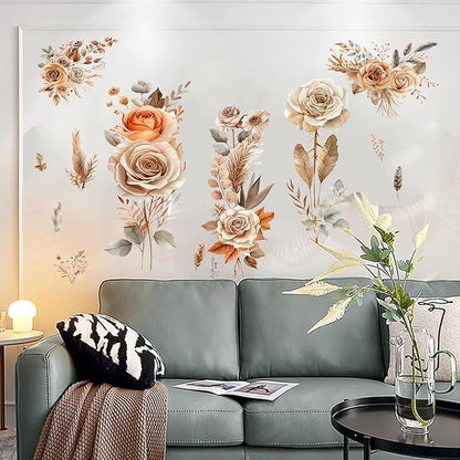 Boho Flower Wall Stickers Wildflower Floral Grass Peel and Stick Wall Stickers Living Room Bedroom Nursery Wall Decor (Orange)