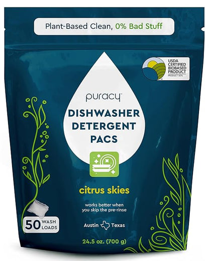 Puracy Dishwasher Pods, Natural Dishwasher Detergent, Citrus Skies Dish tabs - Enzyme-Powered, Spot & Residue Free - TikTok Trend Items, Must Haves from TikTok Made Me Buy It (Citrus Skies, 50 Count)