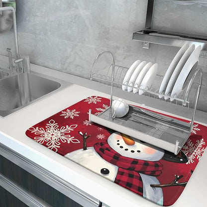 Christmas Snowman Dish Drying Mat for Kitchen Counter 18x24 Xmas Snowflake Winter Holiday Dark Red Absorbent Reversible Microfiber Drying Mats Kitchen Countertop Protector Dishes Drainer Rack Pad