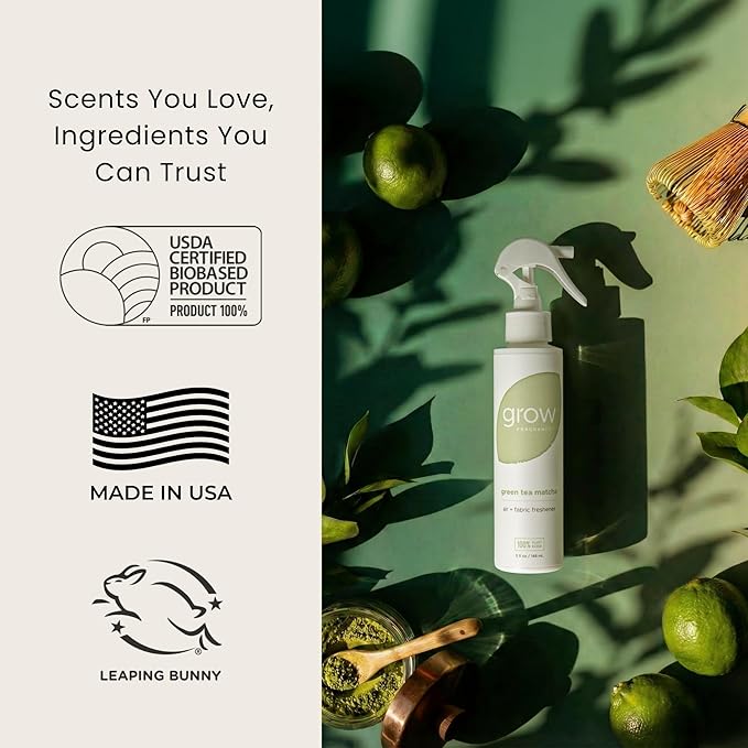 Grow Fragrance Spring 3-Pack – Non-Toxic Air Freshener Spray – Green Tea Matcha, Hibiscus Tea & Wildflower Rain – 100% Plant-Based Essential Oils – Safe for Home, Car & Linens – 5 oz Each