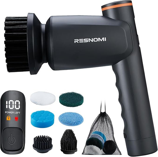 Electric Spin Scrubber, Cordless Bathroom Shower Scrubber with LCD Display & 2 Speeds, IPX7 Waterproof Cleaning Brush, 6 Replaceable Heads, 4-Hour Runtime for Kitchen Tile Bathtub Car, Gray-Black