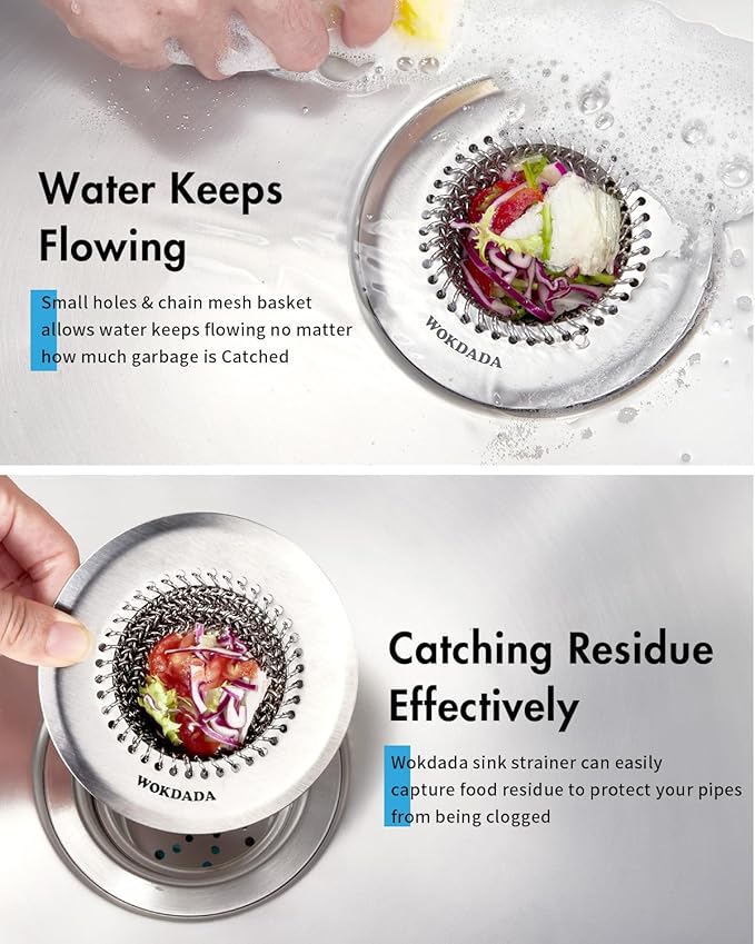 WOKDADA Revolutionary Kitchen Sink Drain Strainer, Patented Reversible Kitchen Sink Strainer, 304 Stainless Steel Sink Strainer Basket, Anti-Clogging & Handmade, Fit US Standard 3-1/2'' Sink Hole