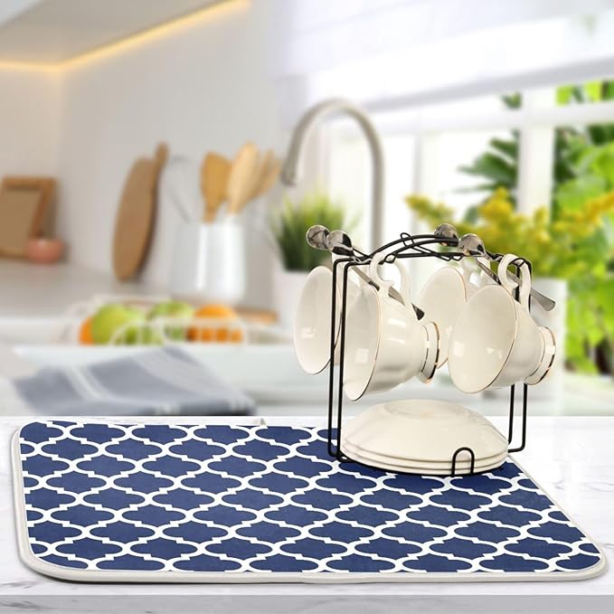 Navy Blue Trellis Lattice Dish Drying Mat for Kitchen Counter Absorbent Microfiber Drying Pad, Large 18x24 in, Reversible Drainer Mats