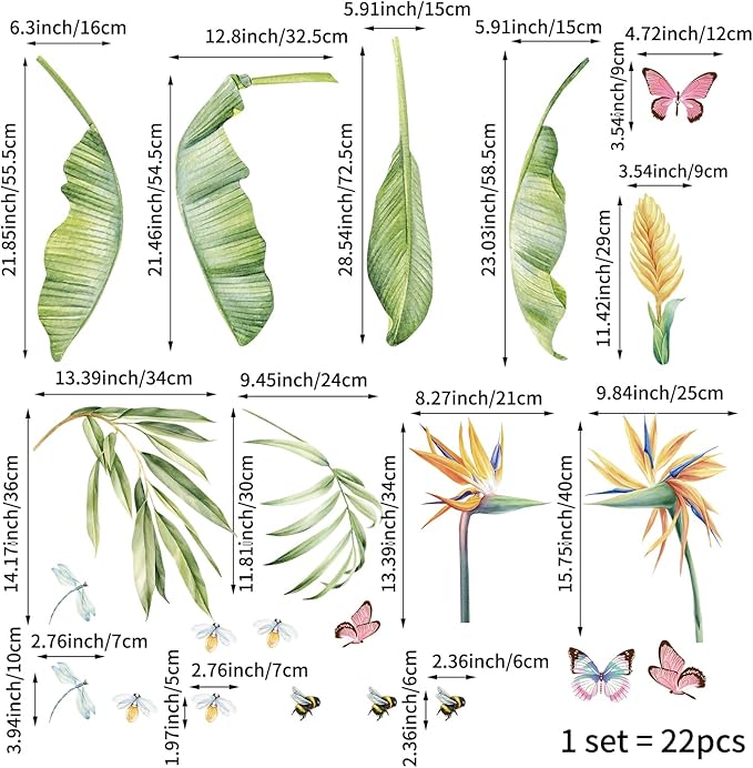 Large Peel and Stick Floral Bouquet Wall Decals Flowers Wall Stickers for Living Room Bedroom Accent Wall Decor, 22 PCS Bird of Paradise Tropical