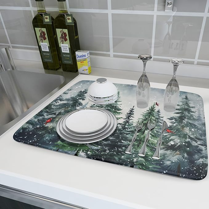 Winter Pine Tree Dish Drying Mat for Kitchen Counter 16x18 Inch Winter Snowflake Xmas Forest Dish Draining Mat Christmas Decorations Fast Absorbent Tableware Dishes Pad for Coffee Bar Countertop