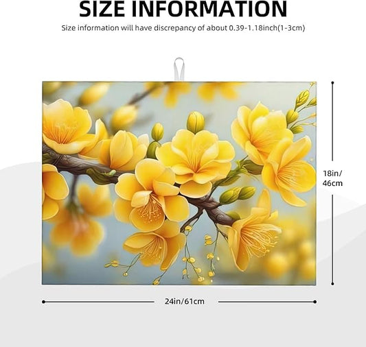 Yellow Flower Dish Drying Mats for Kitchen Counter, Absorbent Reversible Microfiber Dish Drying Pad, Multi-Use Large Drying Mat Coffee Bar Accessories 18"x24"