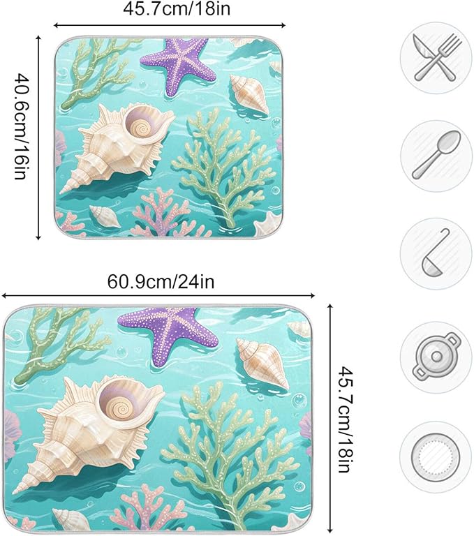 Coral Sea Shells Stars Pattern Dish Drying Mat for Kitchen Counter Super Absorbent Drying Mat 16x18 inch Large Dish Drying Matts for Countertop Protector Dishes Pad