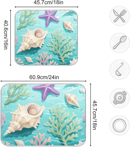 Coral Sea Shells Stars Pattern Dish Drying Mat for Kitchen Counter Super Absorbent Drying Mat 18x24 inch Large Dish Drying Matts for Countertop Protector Dishes Pad
