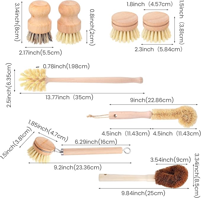 8 Pcs Bamboo Dish Brush Dish Washing Scrub Bottle Brushes Wooden Palm Pot Brush Cleaning Scrubbers with Natural Sisal Bristles Long Handle for Pots Pans, Vegetables, Household Cleaning
