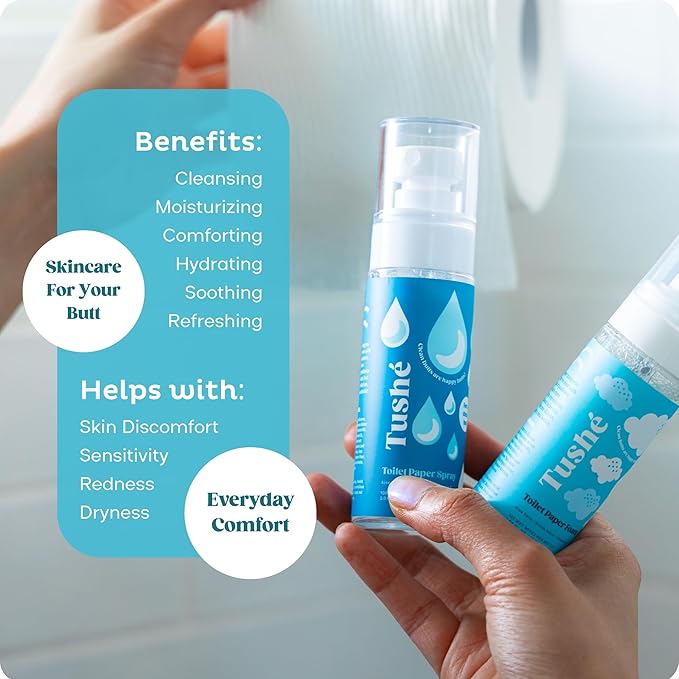 TUSHÉ Toilet Paper Spray (2-Pack) – Flushable Wet Wipe Alternative for Sensitive Skin – Unscented, Septic Safe – Aloe Vera, Witch Hazel & Vitamin E – 118ml (4 fl oz)
