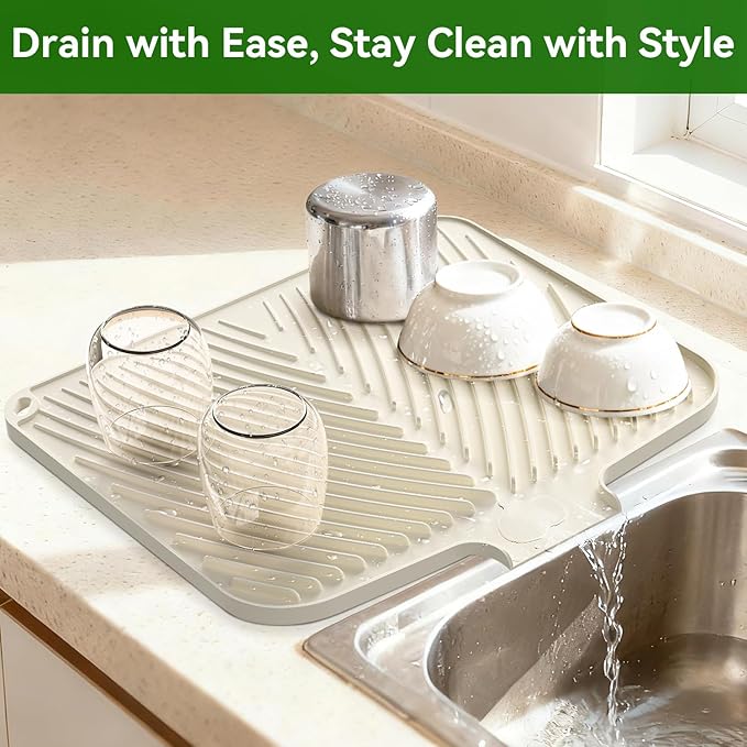 Belife Dish Drying Mat for Kitchen Counter, Silicone Dish Drainers Pad, Non-Slip Under Sink Dish Drying Rack, Heat Resistant Small Stone Drying Board (17" x 14.5",White)