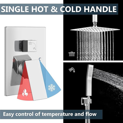 Aolemi Ceiling Mount Shower System Rain Shower Head with Handheld Spray High Pressure Shower Faucet Set Rough-in Valve Shower Trim Kit Included Bathroom Polish Chrome 8 Inch Ceiling Shower Head