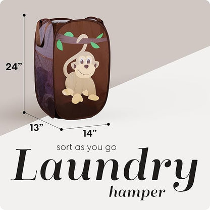 Handy Laundry Collapsible Mesh Pop Up Laundry Hamper with Side Pocket – Breathable, Space-Saving, Foldable Basket for Clothes, Toys, Travel & Storage, 14 x 13 x 24 in, Monkey