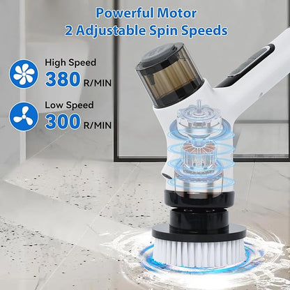 11 in 1 Electric Spin Scrubber Cordless Shower Scrubber with 2 Adjustable Speeds Spray Shower LED Display Shower Cleaner Brush with Long Handle for Bathroom Floor Tub Tile Toilet IPX7 Waterproof