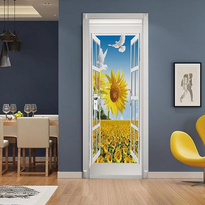 A.Monamour 3D Door Stickers for Interior Doors Sunflower Field and Pigeon View from The Open Window Vinyl Waterproof Self Adhesive Door Mural Decals for Bedroom Office Bathroom 95x215cm