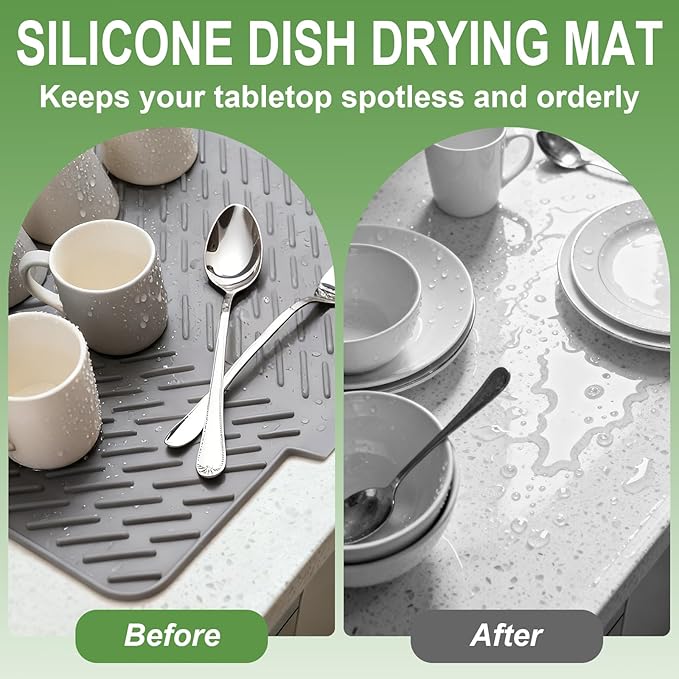 Silicone Drying Mat, 23"X17" With Built-in Drain Lip,Heat-Resistant,Eco-friendly,Hygienic Drying Pad,Leak-Proof and Non-Slip,Silicone Dish Drying Mat for Kitchen Counter or Sink（Gray 23X17）