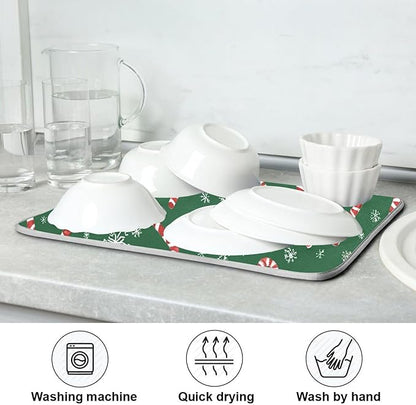 Christmas Candy Cane Dish Drying Mat for Kitchen Countertop 16x18 Winter Snowflake Green Xmas Small Drying Mat Reusable Quick Dry Dish Sink Mats Easy Clean Decorative Essentials