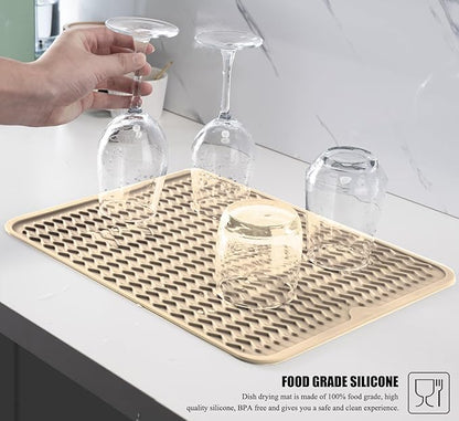 Large 24" x 18" Silicone Dish Drying Mat for Kitchen Counter, Easy clean, Quick Dry, Heat-resistant Dish Drainer Mat for Sink,Refrigerator or Drawer liner (Food Grade Silicone-Beige)