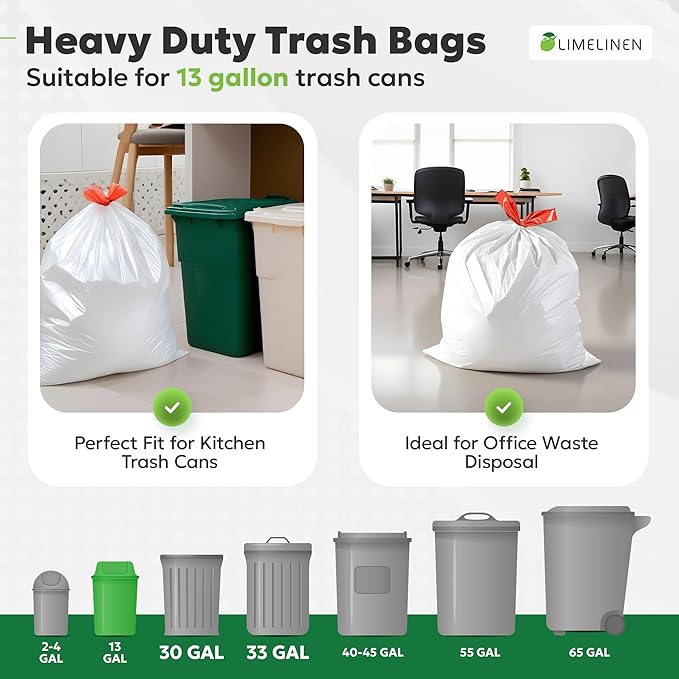 LIMELINEN Tall Kitchen Trash Bags with Drawstring, 200 Count, 13-gallon Trash Bag of 0.9 mil Thickness, Leak and Odor-Resistant, Heavy-Duty Plastic Garbage Bags for Home and Commercial Use