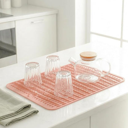 MicoYang Silicone Dish Drying Mat for Multiple Usage,Easy clean,Eco-friendly,Heat-resistant Silicone Mat for Kitchen Counter or Sink,Refrigerator or drawer liner Pink L 16 inches x 12 inches