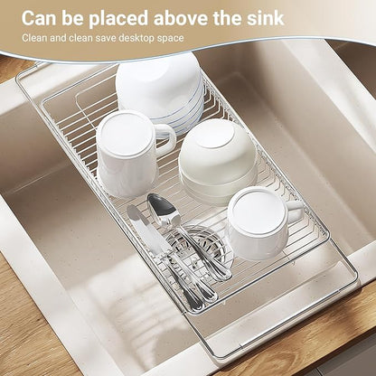 Expandable Over The Sink Dish Drainer Drying Rack, Stainless Steel Metal, Small Adjustable Dish Drainer Drying Rack for Kitchen Counter, Space Saving for Compact Kitchen
