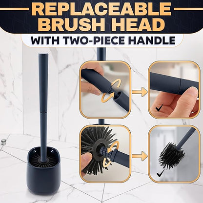 Toilet Brush and Holder Set - Silicone Toilet Bowl Brush with Black Holder Base, Compact Bath Accessory for Small Spaces - Easy to Place and Simple to Store After Use, Plastic Bathroom Cleaning Tool