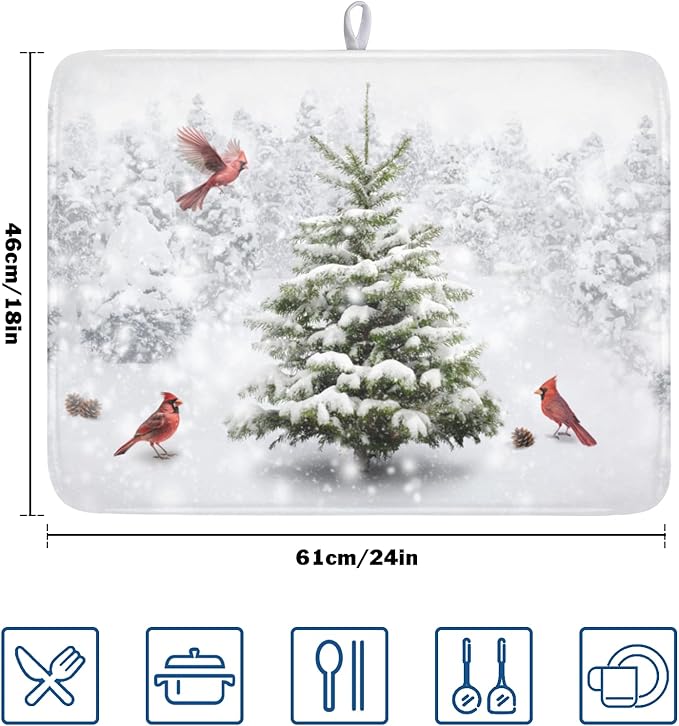 Winter Forest Dish Drying Mat for Kitchen Counter Silvery White Pine Trees Snow Snowflake Drying Mat 18x24 Inch Holiday Absorbent Dish Drainer Mat Kitchen Accessories