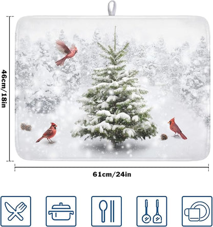 Winter Forest Dish Drying Mat for Kitchen Counter Silvery White Pine Trees Snow Snowflake Drying Mat 18x24 Inch Holiday Absorbent Dish Drainer Mat Kitchen Accessories