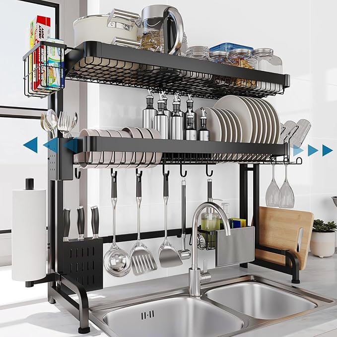 LIVOD Over The Sink Dish Drying Rack,3 Tier Adjustable Length Full Stainless Steel Large Storage Kitchen Dish Rack,for Kitchen Counter Expandable Multifunctional Organizers,Silver(25.5'' to 37.4'')
